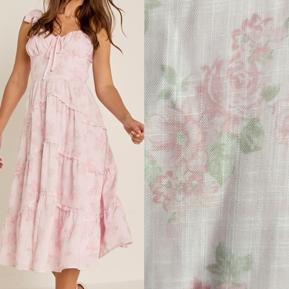 Francesca's Preppy Ellena Tie Strap Ruffle Tiered Midi Milkmaid Dress in Pink M - Picture 1 of 16